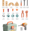 A collection of wooden and plastic tools, including a toy drill assembly kit, for children's STEM learning.