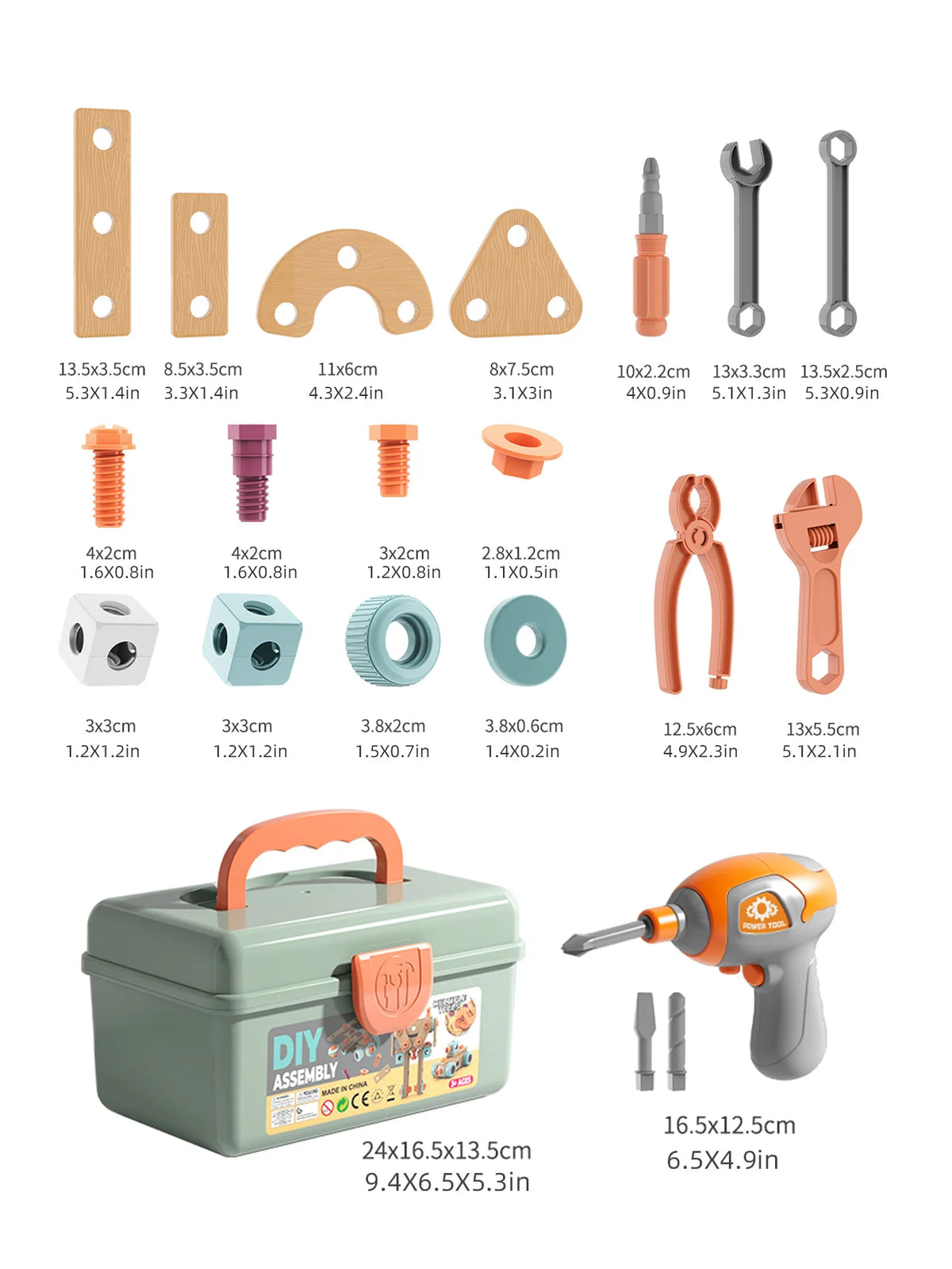 A collection of wooden and plastic tools, including a toy drill assembly kit, for children's STEM learning.