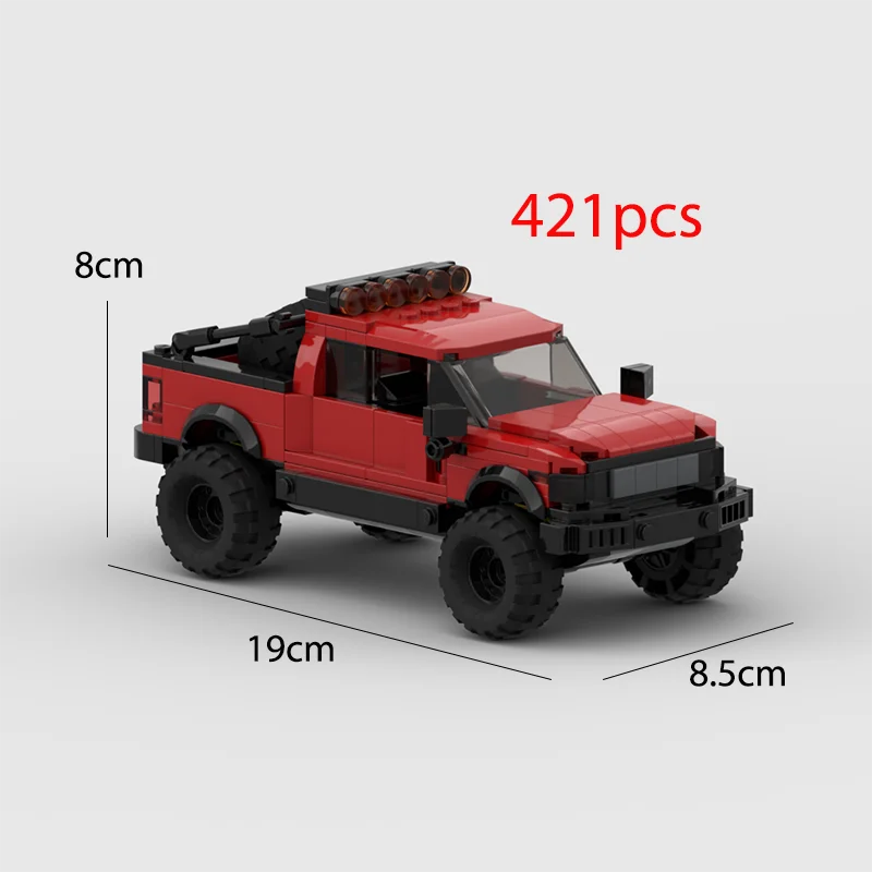 A red and black die-cast style off-road vehicle model built from 421 plastic pieces.