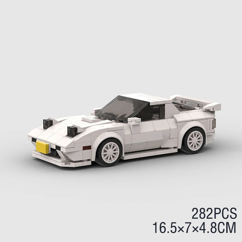 A white classic rally car model built from LEGO bricks, shown in a side view.