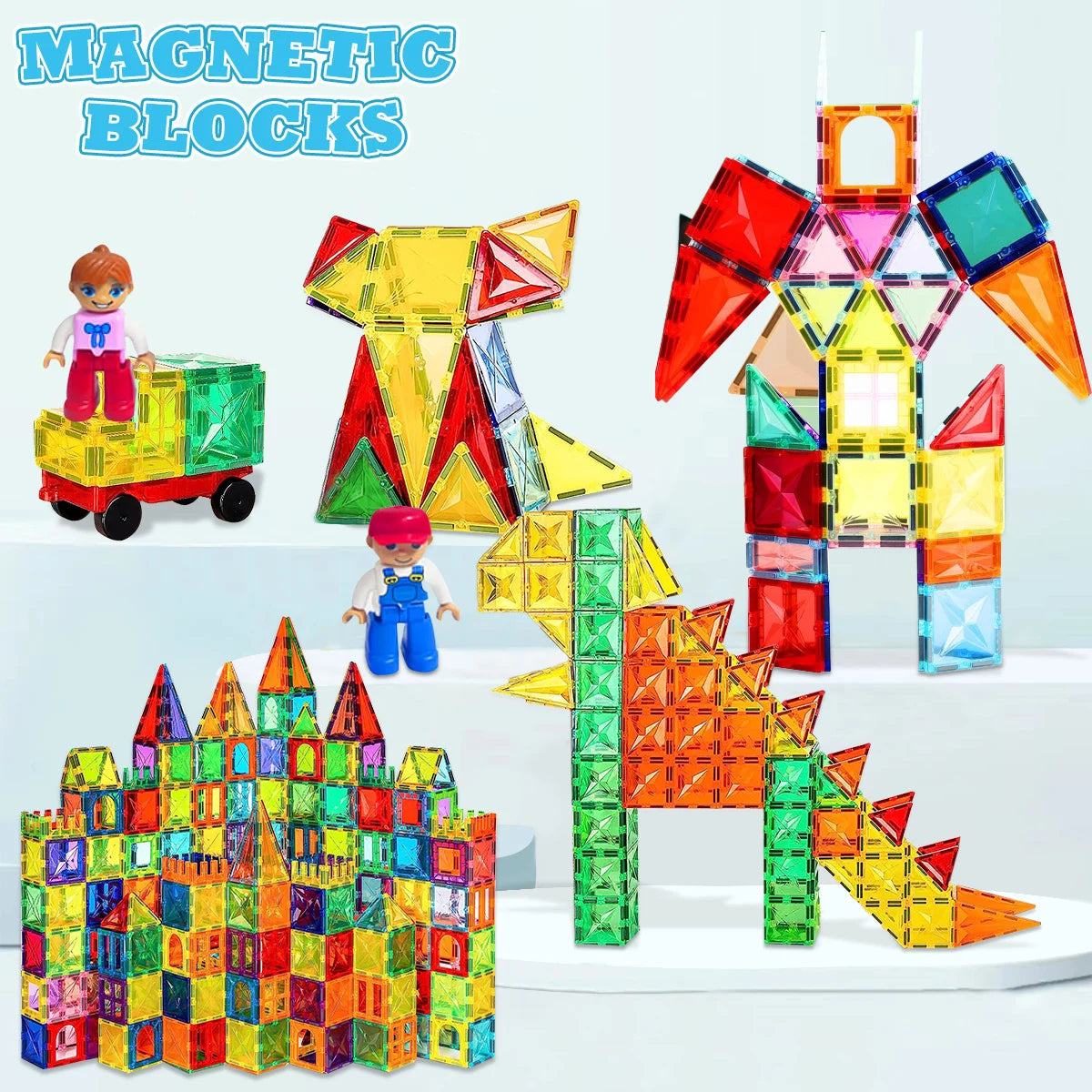 Colorful magnetic building blocks shaped like houses and structures for children's educational play