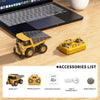 A yellow mini RC excavator model car and its accessories laid out on a wooden surface next to a laptop.