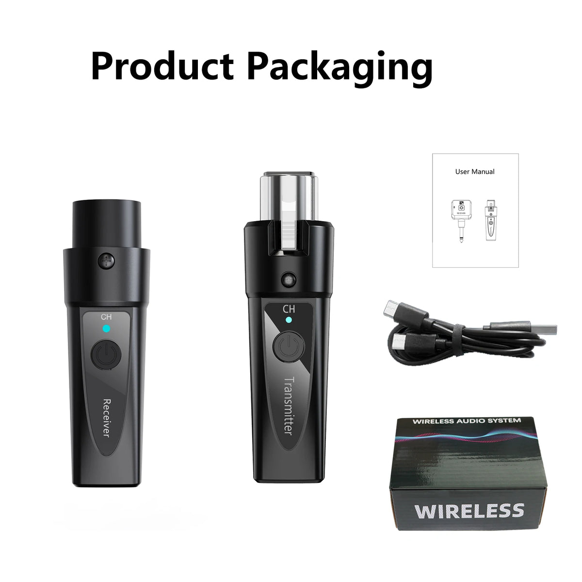 Product packaging showing a black wireless microphone system with an XLR transmitter and receiver.