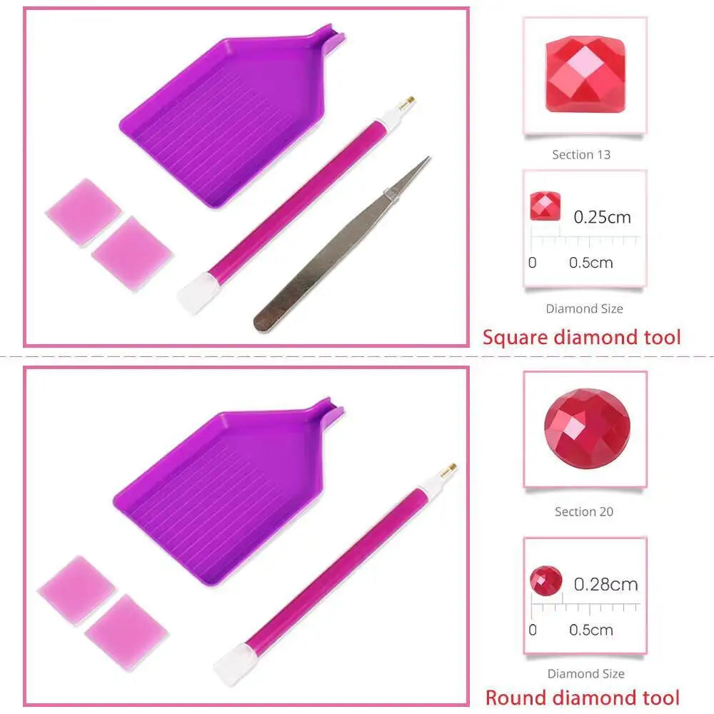 A set of diamond tools including a square and round diamond tool for painting designs