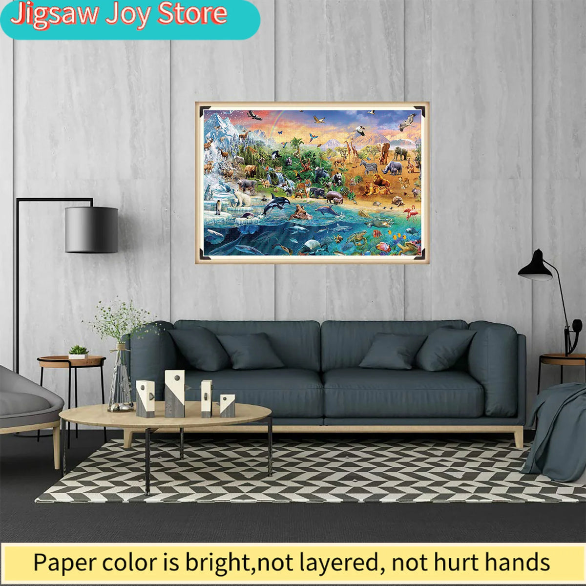 A framed jigsaw puzzle depicting an animal world scene with various wildlife and landscape elements.