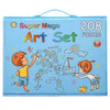 A blue storage box for a Super Mega Art Set containing 208 pieces, featuring illustrations of children and houses.