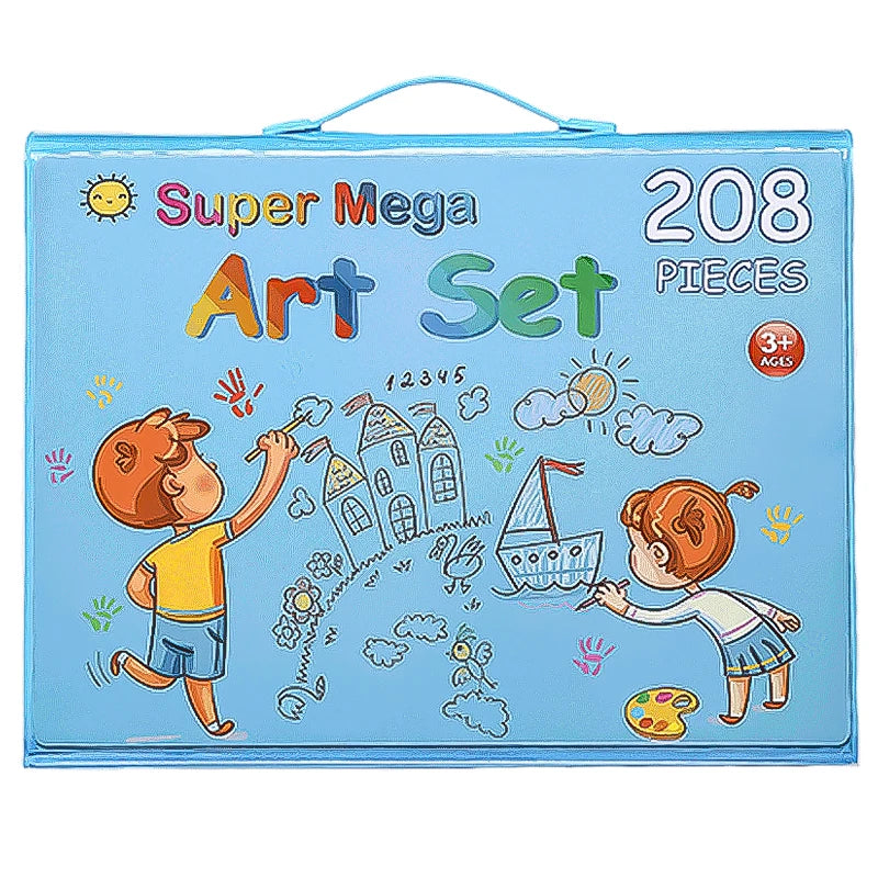 A blue storage box for a Super Mega Art Set containing 208 pieces, featuring illustrations of children and houses.