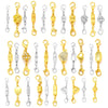 A collection of five magnetic lobster claw clasps for jewelry making in various gold and silver finishes.