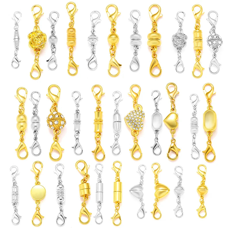 A collection of five magnetic lobster claw clasps for jewelry making in various gold and silver finishes.