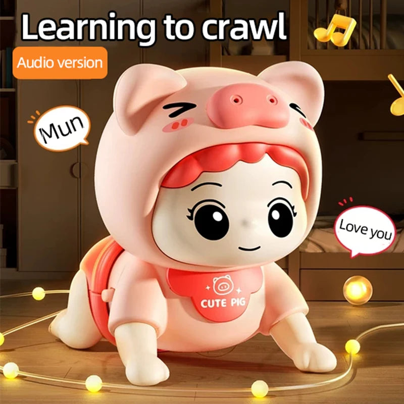 A pink pig-shaped interactive baby crawling toy with lights and sounds sitting on a wooden floor.