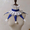 White and blue ruffled clown ruff collar accessory displayed on a mannequin.