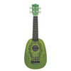 A green ukulele with a kiwi fruit design and an IRIN brand name visible on the headstock.