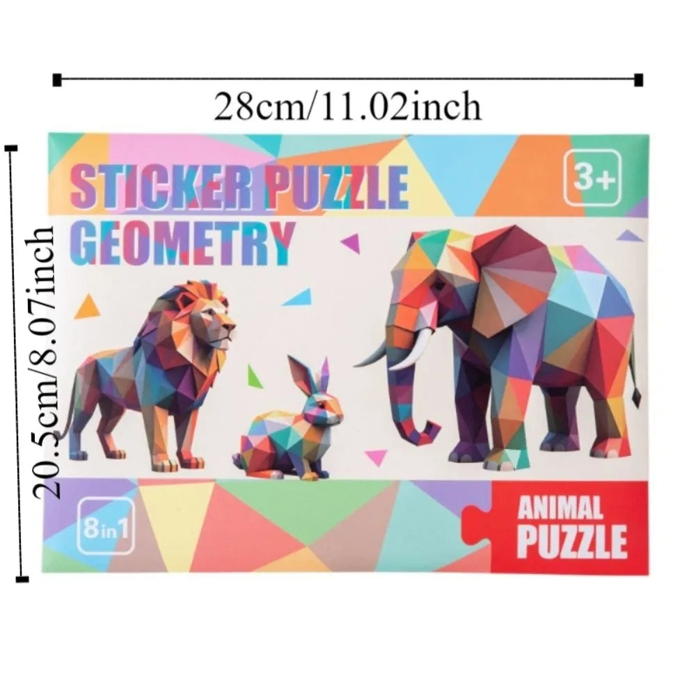 A sticker puzzle featuring geometric designs of an elephant and a lion for kids