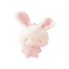 A fluffy pink bunny plush toy with pink checkered ears and a pink bow, designed as a keychain.