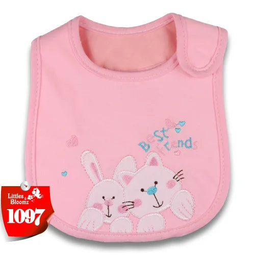 Pink cartoon cotton towel bib with waterproof backing for infants and toddlers
