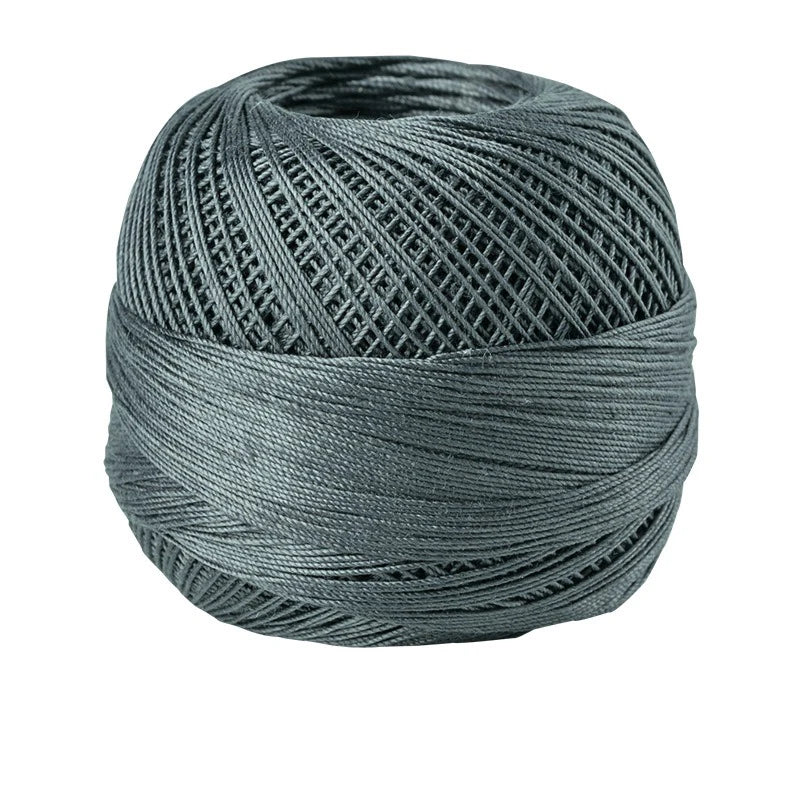 A ball of gray 100% cotton crochet thread used for tatting and embroidery.