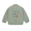 Back view of a sage green kids winter cotton padded jacket featuring a blue dinosaur illustration.