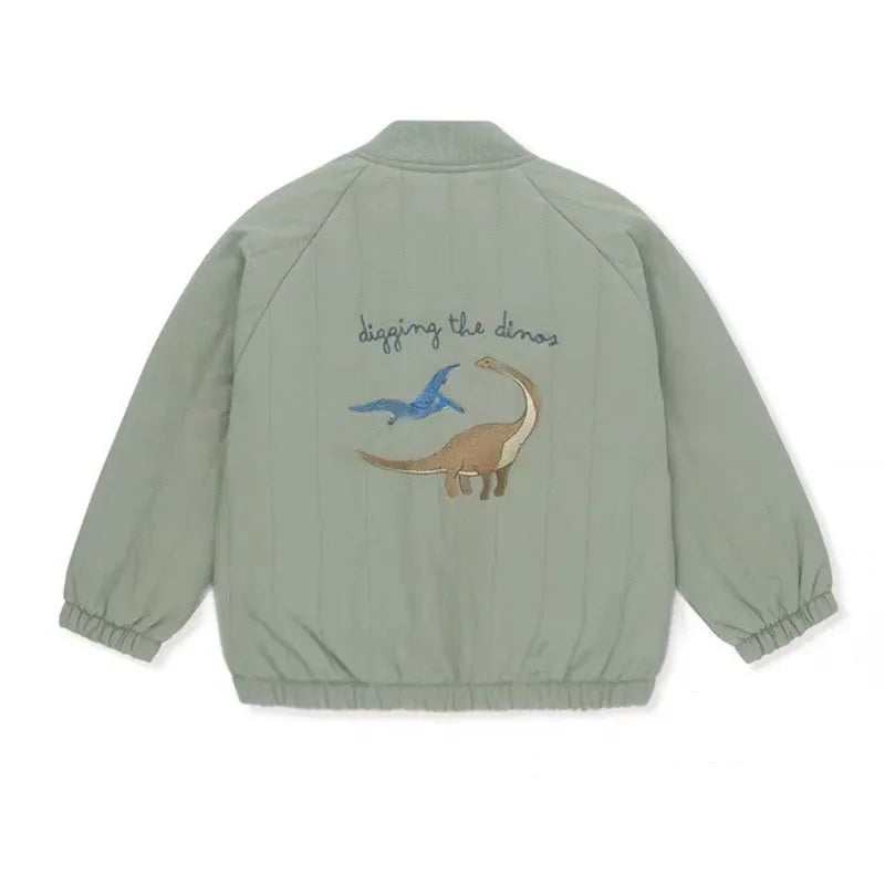 Back view of a sage green kids winter cotton padded jacket featuring a blue dinosaur illustration.