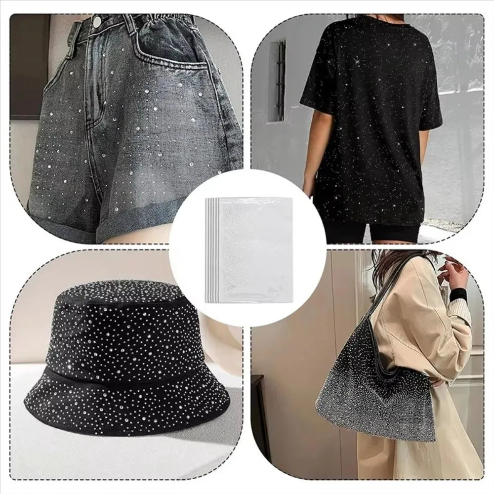 A set of five gradient polka dot rhinestone sticker sheets is shown alongside a denim skirt, a black t-shirt, and a handbag.