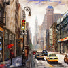 A painting depicting a city street scene with buildings, traffic, and pedestrians.