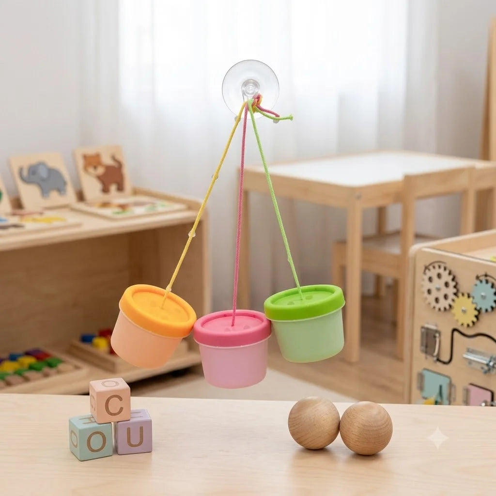 A wooden sensory activity board for toddlers featuring gears, switches, and LED lights suspended by strings.