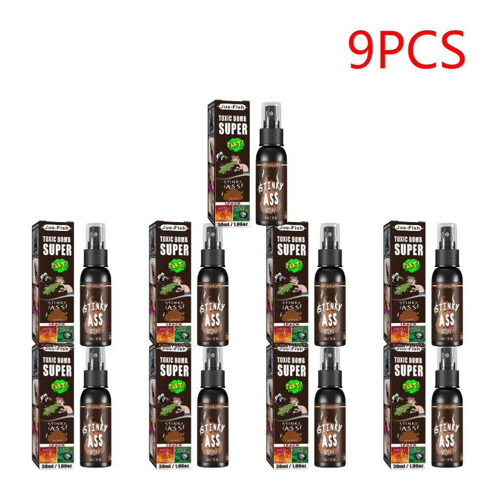 A set of nine packs of Toxic Bomb Super stink ass prank gag products.
