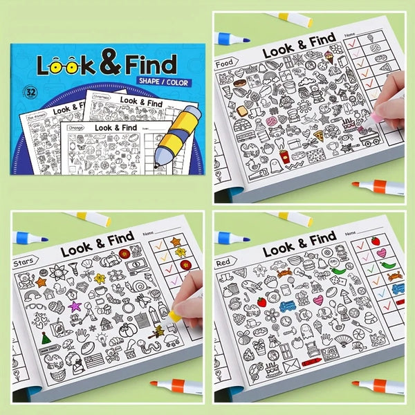A collection of Look & Find shape and color activity pages for children, featuring various hidden objects and drawings.