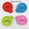 A set of three silicone funnels in red, blue, and pink, showing different sizes.