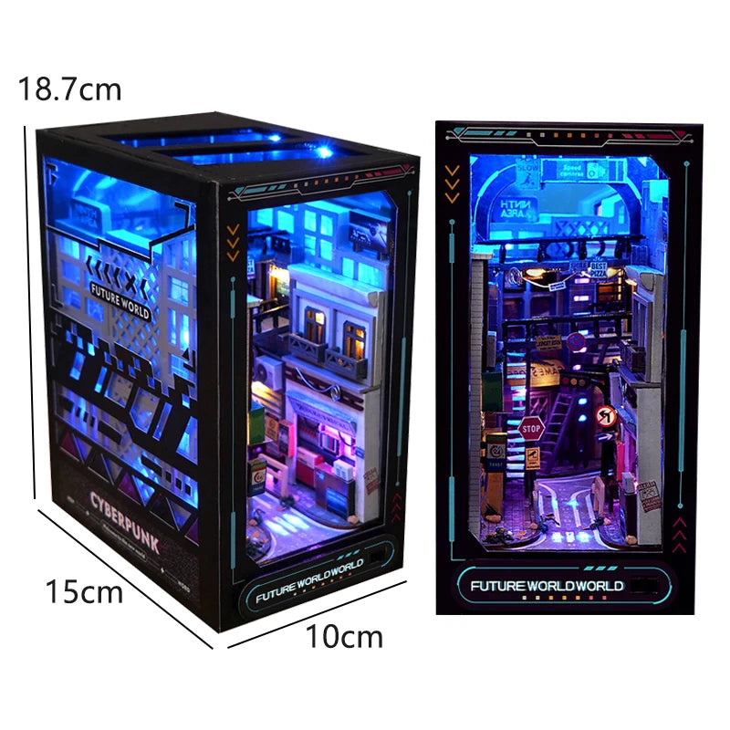 A black DIY book nook kit featuring a futuristic cyberpunk city scene with miniature furniture and lighting.