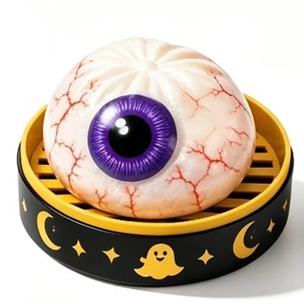 A round, pale pink and white squishy fidget toy shaped like an eye with a purple iris set in a black and yellow tray.