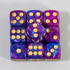 A set of ten multicolor acrylic dice with rounded corners and gold dots, arranged in a row.