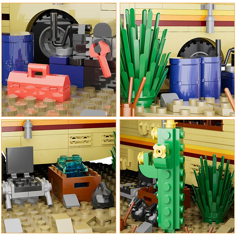 A collection of building blocks depicting a scene with a dark blue camper bus, various tools, and desert elements.