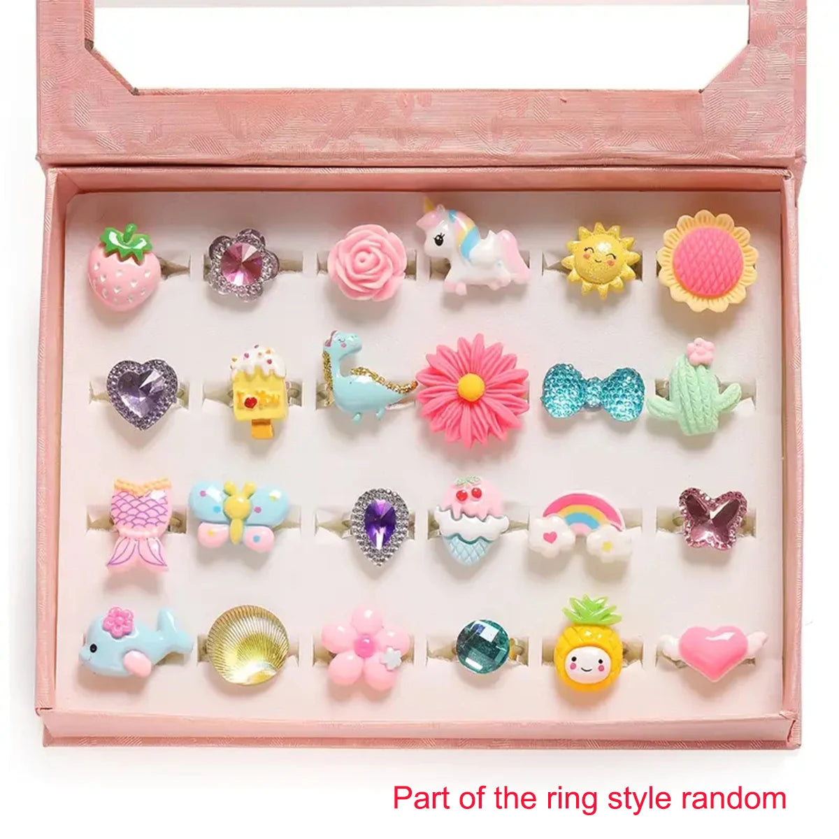 A pink box contains a set of 24 sparkling gemstone rings and dress-up jewelry for girls.