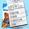 A children's workbook showing instructions for counting coins like dimes and nickels.