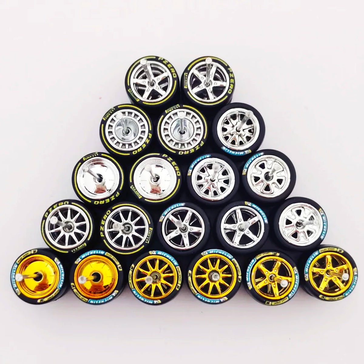 1/64 Scale Alloy Car Wheels with Rubber Tires - 10 Sets
