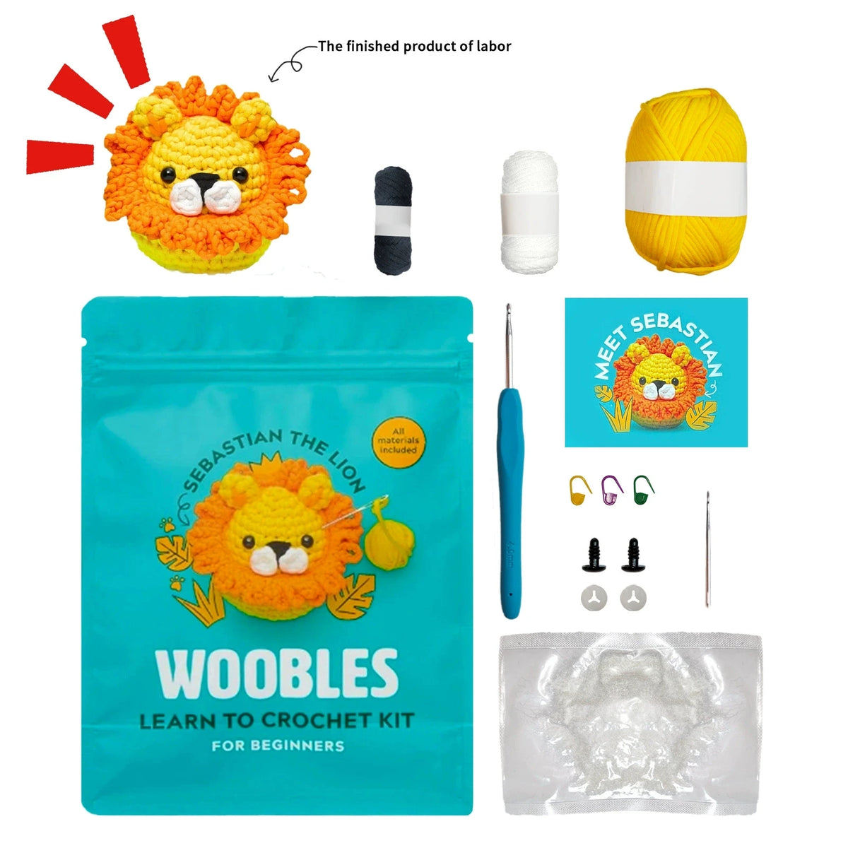 A box of Woebles learn to crochet kit for beginners, including yarn and tools, with a finished lion toy.