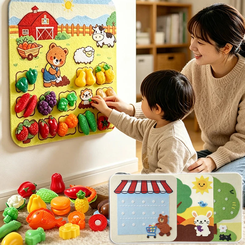 A felt board play set featuring various fruits and vegetables, including apples, tomatoes, and peppers.