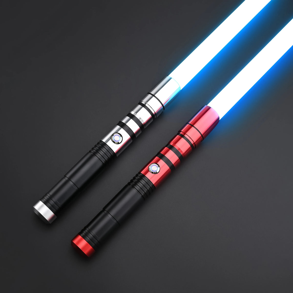 A glowing blue lightsaber with a metal handle and red accents is displayed against a dark background.