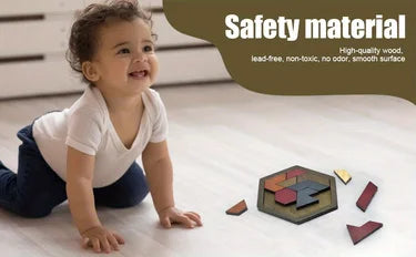 A smiling toddler is playing with a wooden hexagon tangram puzzle on a light surface.