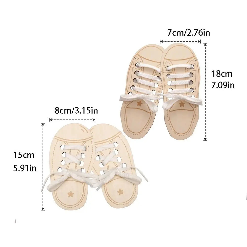 Pair of light beige wooden lacing shoes for fine motor skills development