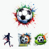 A vibrant splash art design featuring a soccer ball surrounded by colorful paint splatters and a net background.