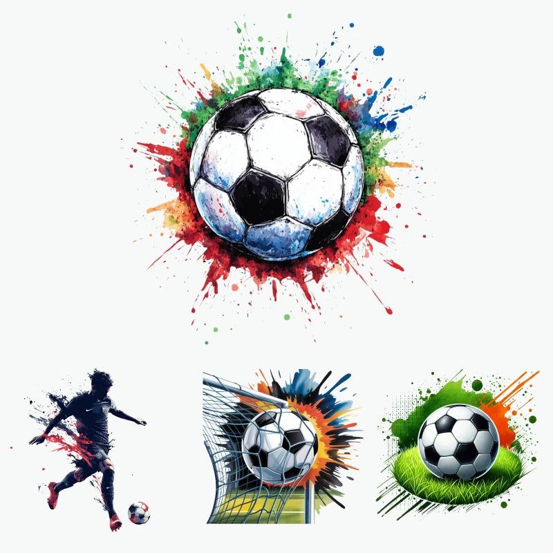 A vibrant splash art design featuring a soccer ball surrounded by colorful paint splatters and a net background.