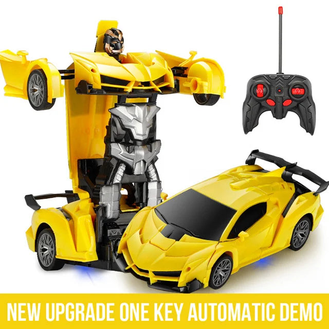 A yellow RC transforming robot car is shown with its components separated and assembled.