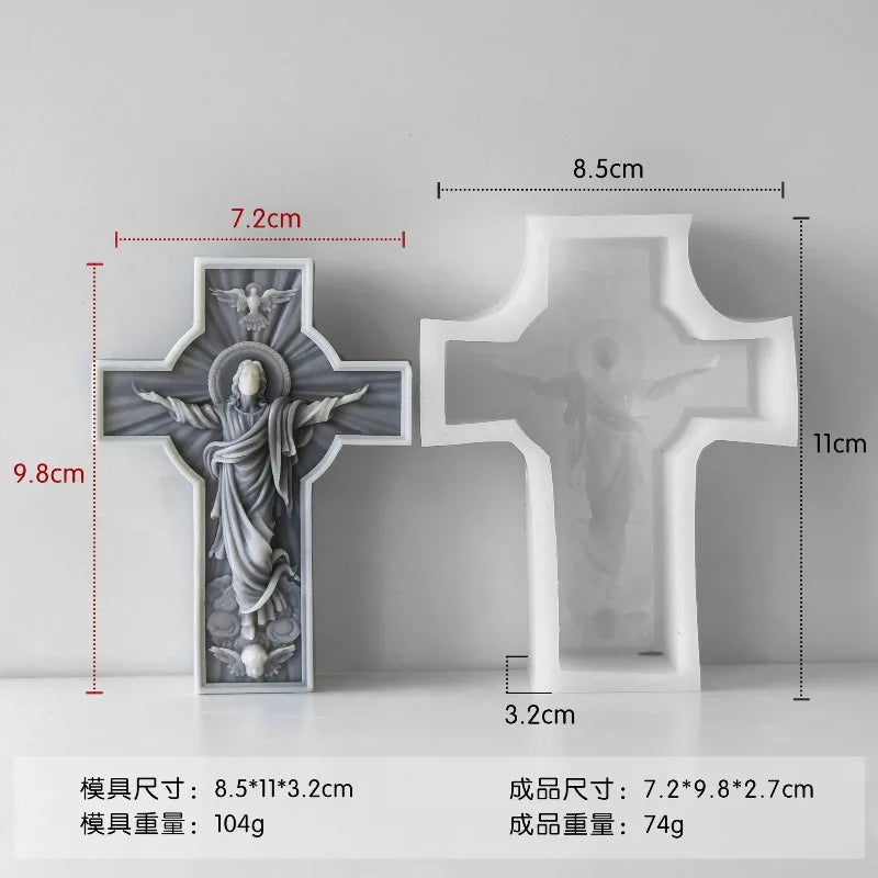 A white silicone mold shaped like a cross with a figure, shown next to its corresponding resin or soap casting.
