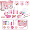 A pink and purple kids pretend makeup kit with various cosmetic tools and palettes for role play