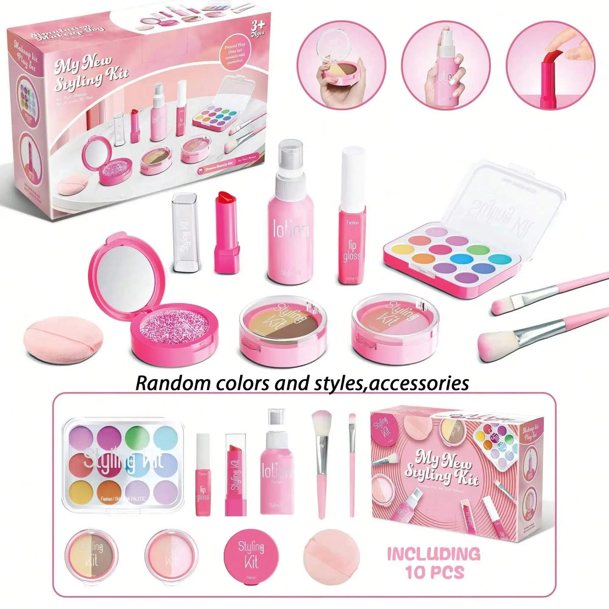 A pink and purple kids pretend makeup kit with various cosmetic tools and palettes for role play