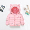 A pink cartoon-themed puffer jacket for kids with a hood and zipper, displayed on a white background.