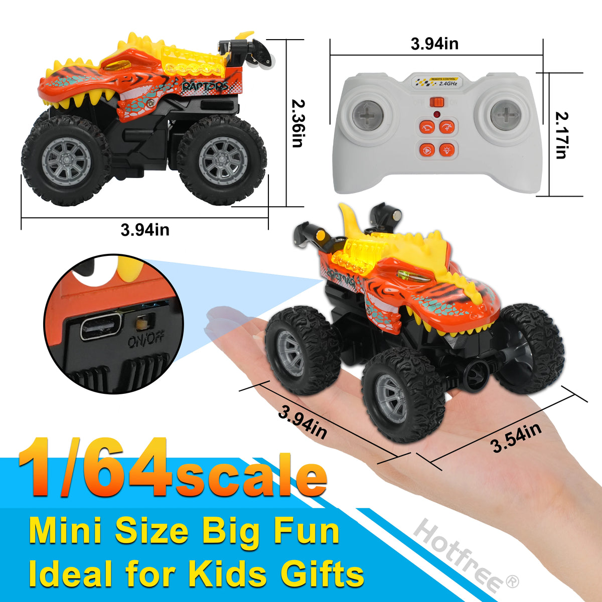 Mini RC Stunt Car with Dinosaur & Shark Designs, LED Lights, and Dual Speed