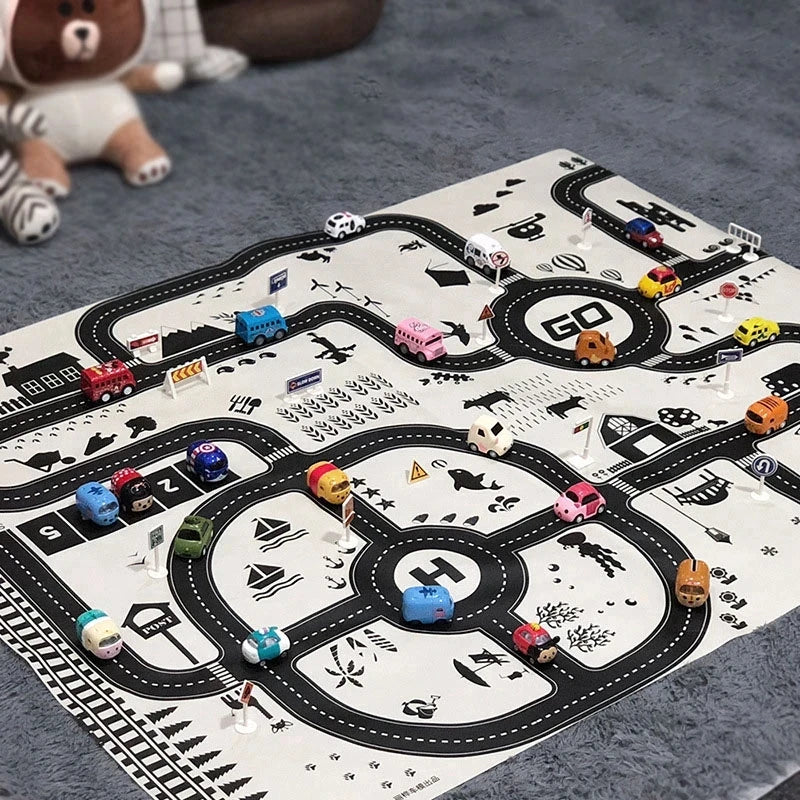 A play mat featuring a city road map design with various vehicles and landmarks for children.