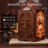 A wooden DIY miniature book nook kit featuring a detailed door and window design for beginners.